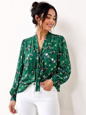Anthropologie Conversations Bird Print Tie Front Blouse Size 6